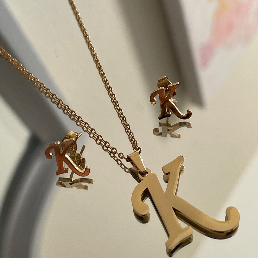 Gold Initial 'K' Necklace and Earrings Set